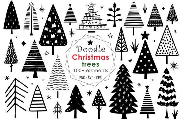 Doodle Christmas Trees Clipart: Graphics & Illustrations