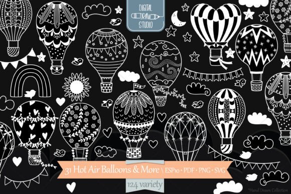 Hot Air Balloons White, Cloud, Rainbow Graphics & Illustrations