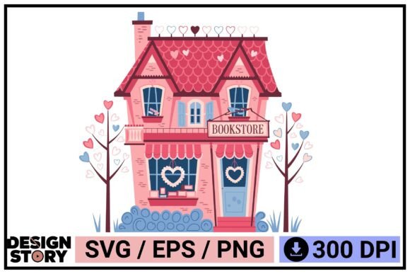 Valentine Whimsical Bookstore Cottage Graphics